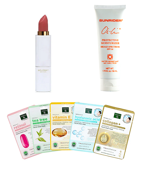 Meloway Lipstick, Oi-Lin SPF 30 Moisturizer, Earth Theraputics Mask Sampler