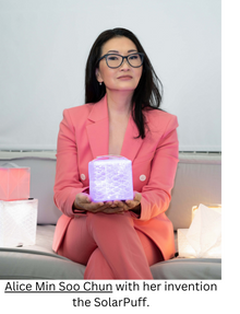 Alice Min Soo Chun with her invention the SolarPuff