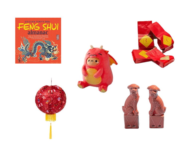 Feng Shui Almanac, Tayto Dragon, Tea Drunk Sampler, Fabric Lantern, Mini Fu Dogs 