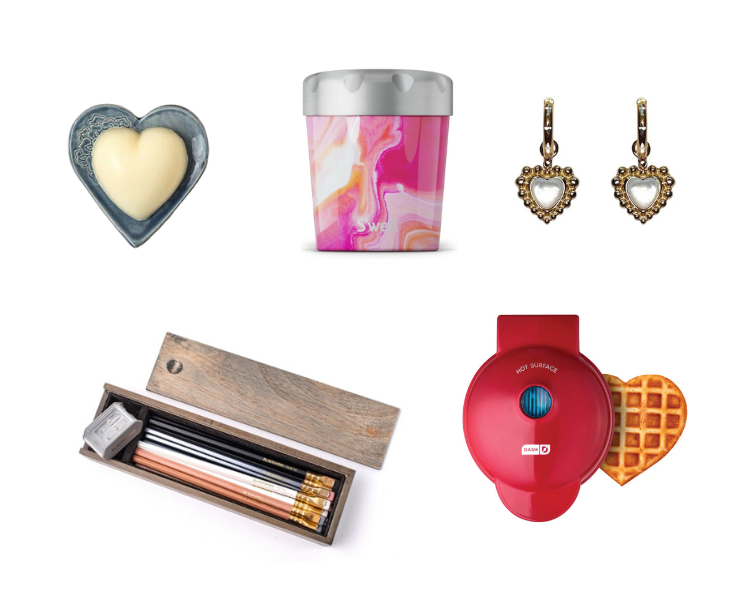 Heart Balm Bar, Ice Cream Pint Cooler, Heart Earrings, Blackwing pencils, Heart waffle maker