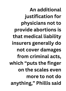 An additional justification for physicians not to provide abortions is that medical liability insurers generally do not cover damages from criminal acts, which “puts the finger on the scales even more to not do anything,” Phillis said