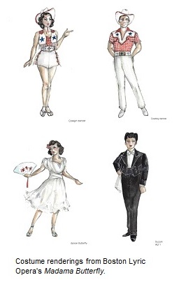 Costume renderings from Boston Lyric Opera's Madama Butterfly including cowgirl dancer, cowboy dancer, Butterfly dancer, Suzuki Act 1