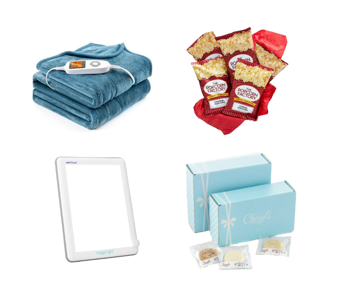 Images of blue Snugsun blanket, bags of Popcorn Factory popcorn, Verilux light, Cheryl's Cookies box with packaged cookies
