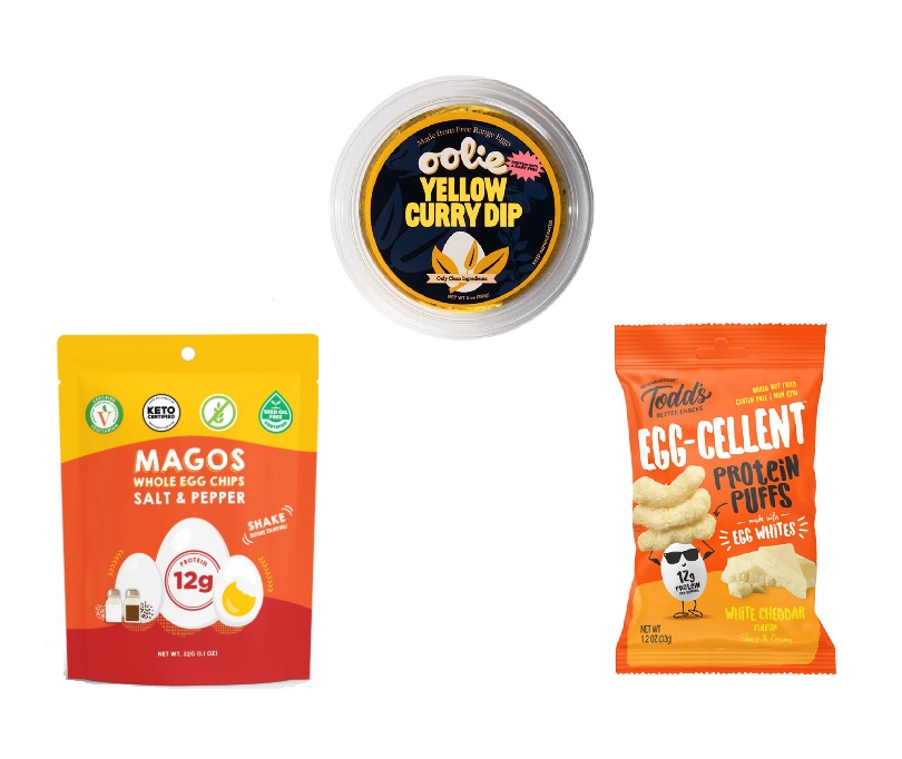 Magos, Egg Chips, Oolie Yellow Curry Dip, Egg-cellent Protein Puffs